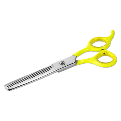 Rounded 6.5 Inch 42 Teeth thinning dog scissors Professional - Sharp Stainless Steel Blades with Yellow Colorful Handles, Safe , Long Lasting grooming scissors for dogs at home